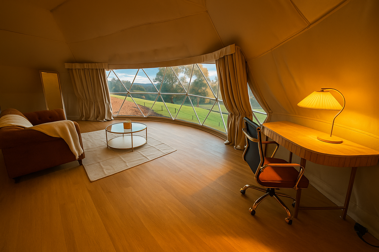 Cozy dome interior with plush bed and warm lighting