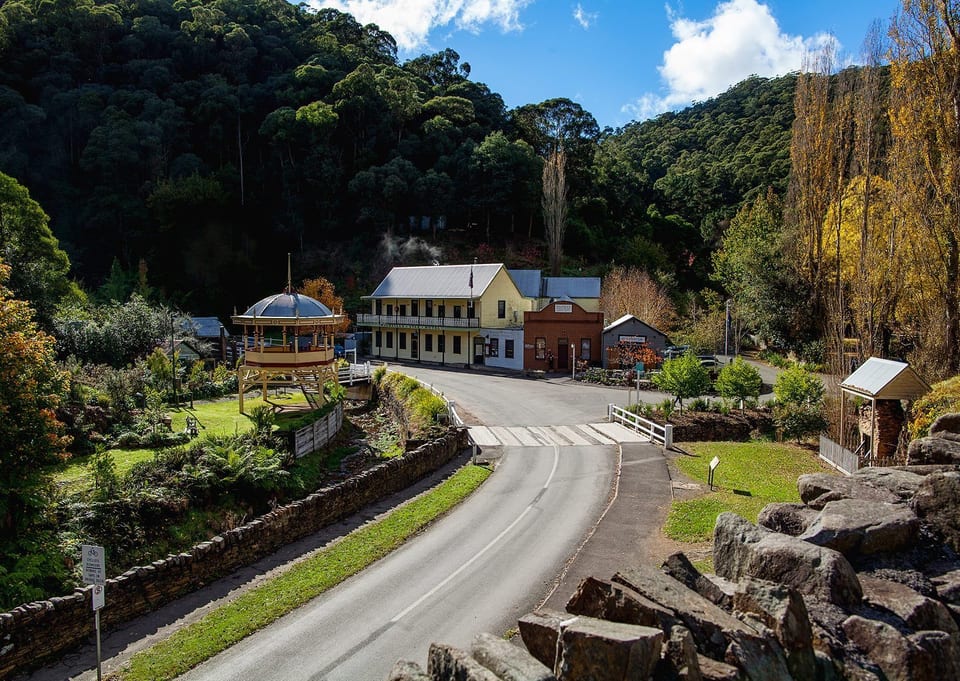 Road and historic buildings in the forested township of Walhalla